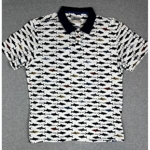 Landshark Polo Shirt Mens XL White Shark Print 100% Cotton Beach Vacation‎ Golf